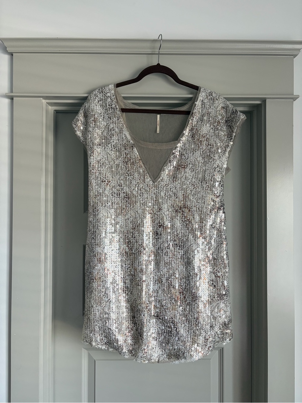 Free People Silver Sequined V-Neck Mini Dress